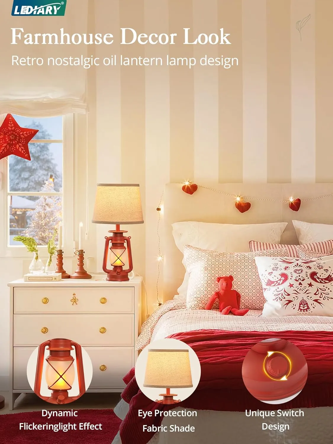 LEDIARY 18.72" Red LED Lantern Flickering Flame Table Lamps for Bedrooms Set of 2, Small Farmhouse Rustic End Table Lamps, Christmas Decorative Lantern Bedside Lamps for Living Room