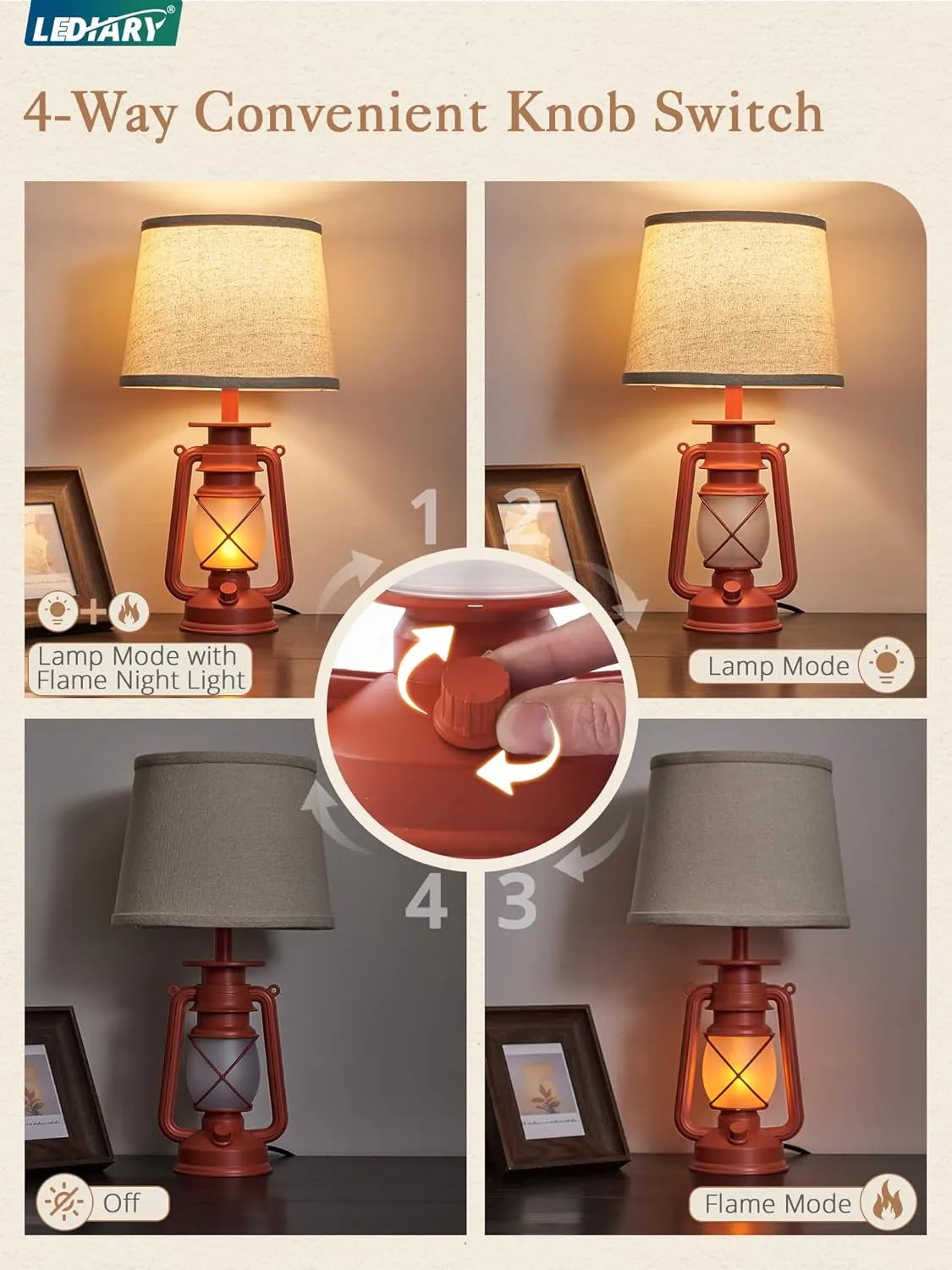 LEDIARY 18.72" Red LED Lantern Flickering Flame Table Lamps for Bedrooms Set of 2, Small Farmhouse Rustic End Table Lamps, Christmas Decorative Lantern Bedside Lamps for Living Room