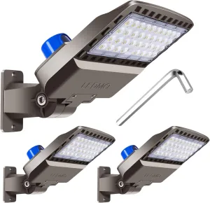 ledmo LED Parking Lot Light Dusk to Dawn Outdoor Lighting with Adjustable Arm Mount 19500lm Waterproof Wall Light Fixtures 150W Flood Security Lighting for Garage Yard Shop Warehouse Barn(3 Pack)
