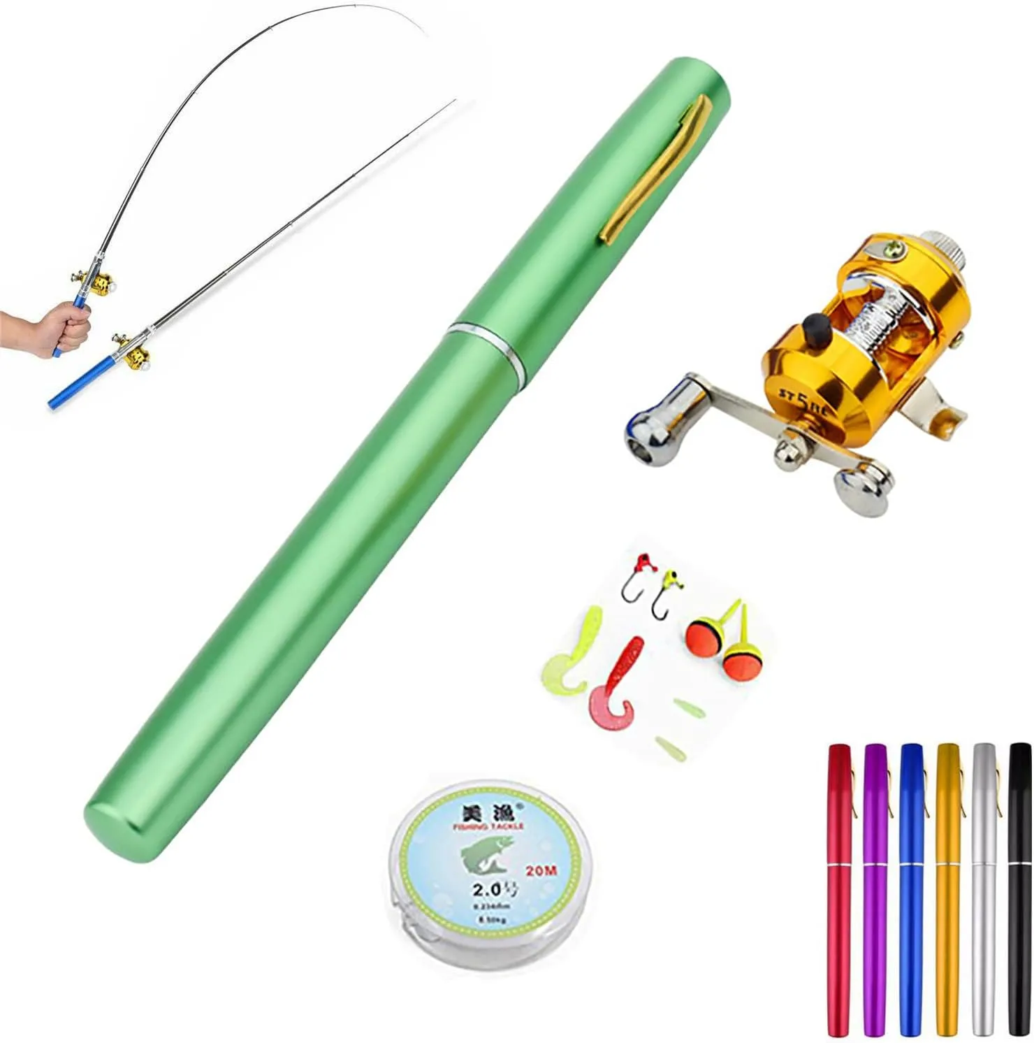 LELEBEAR 2023 Pocket Size Fishing Rod, Pen Fishing Rod, Fishing Rod Pen, Portable Pocket Telescopic Mini Folded Fishing Pole with Reel (Green)