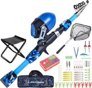 LEOFISHING 170cm/5.6ft Kids Fishing Rod Set Portable Telescopic Kids Fishing Poles with Collasible Chair Fishing Net Carrier Bag and Full Kits for Boys and GirlsBeginner and Youth