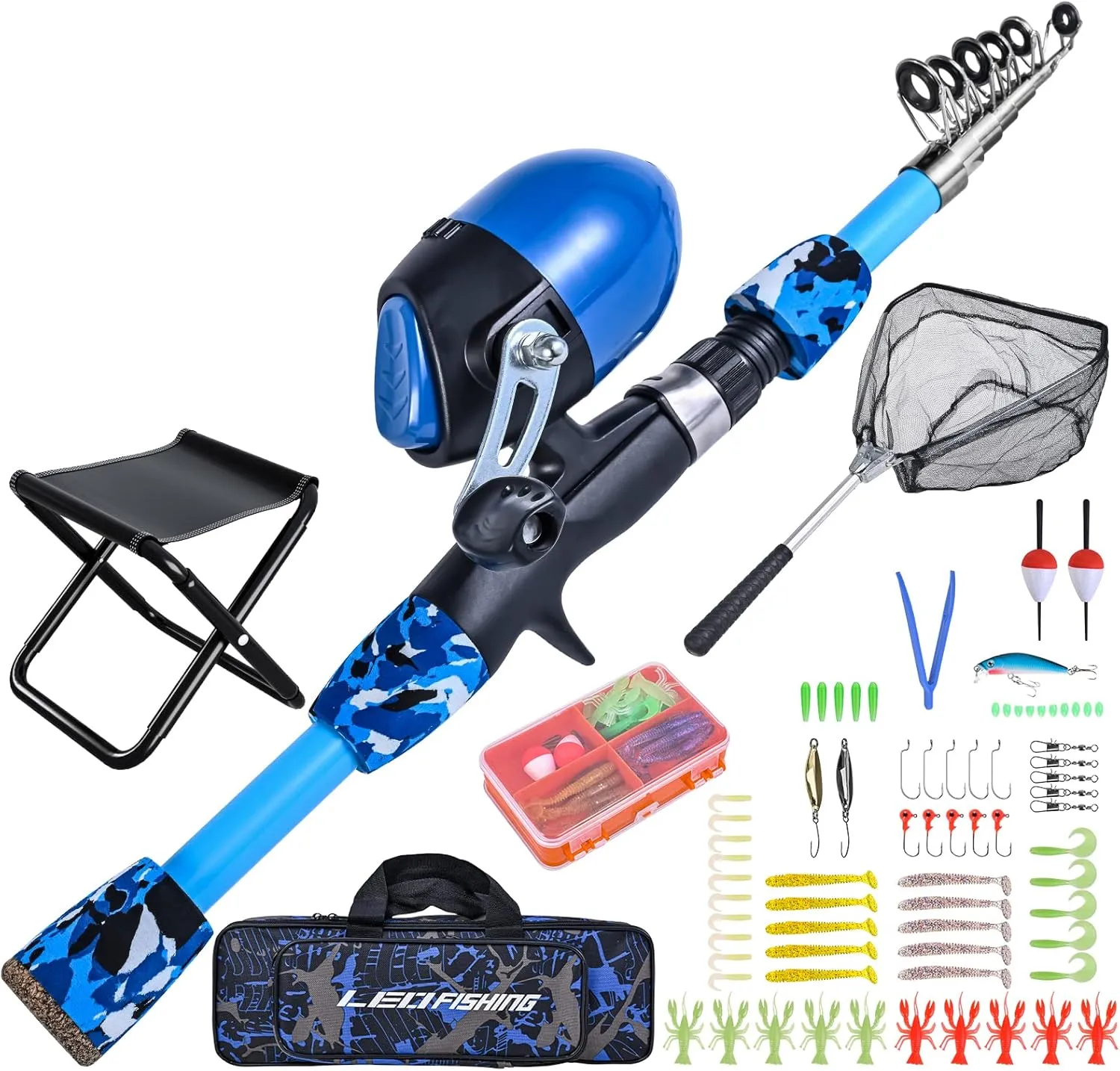 LEOFISHING 170cm/5.6ft Kids Fishing Rod Set Portable Telescopic Kids Fishing Poles with Collasible Chair Fishing Net Carrier Bag and Full Kits for Boys and GirlsBeginner and Youth