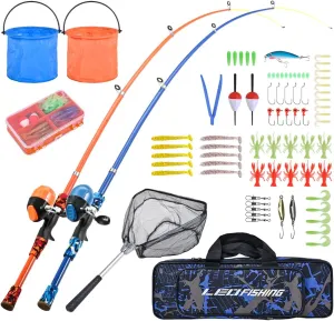 LEOFISHING Portable Kids Fishing Rod Set 2Pack Telescopic Fishing Poles for Boys and Girls Fishing Rod and Reel Combos with Full Kits Fishing Net and Bucket for Toddler Youth