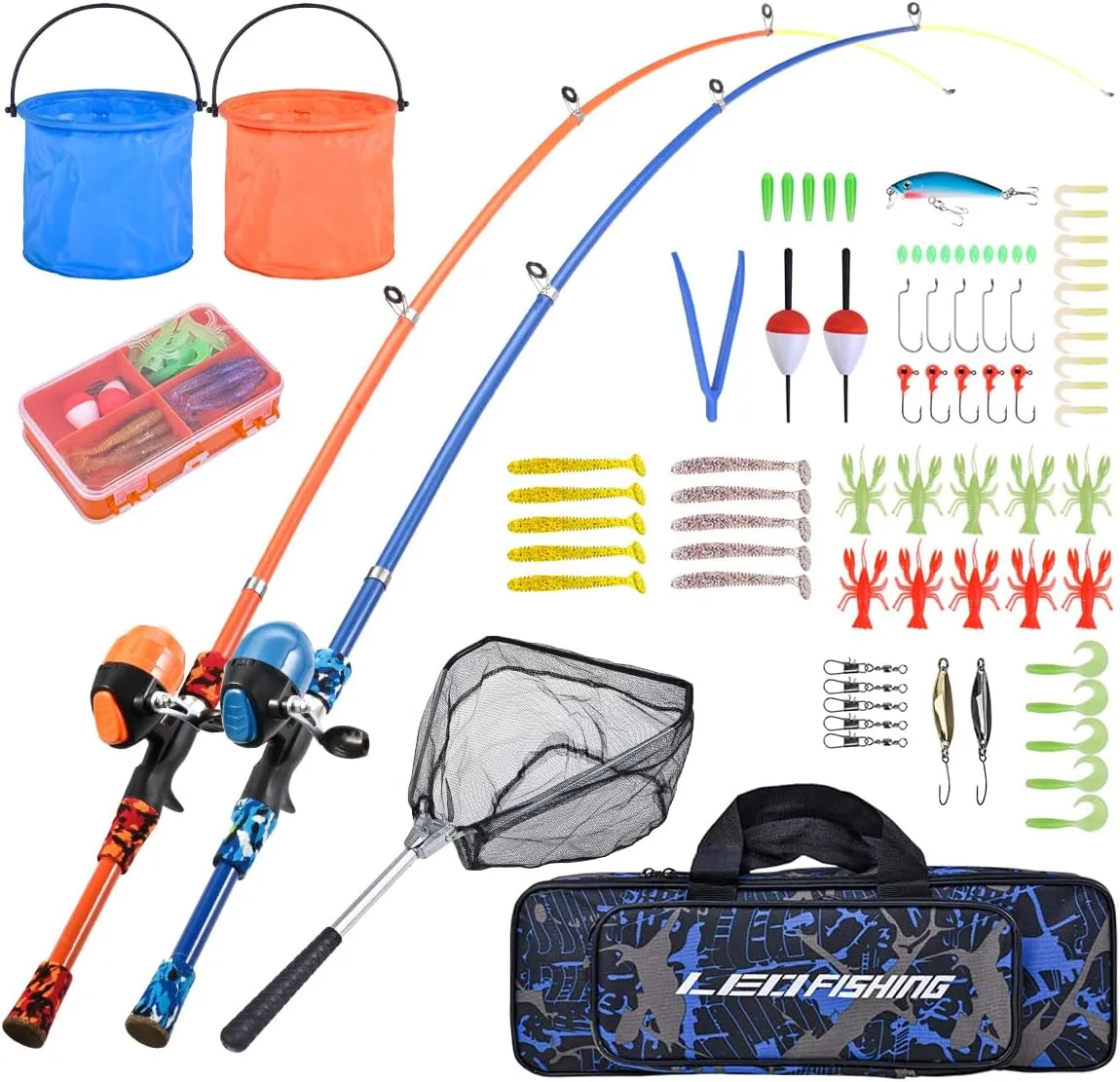 LEOFISHING Portable Kids Fishing Rod Set 2Pack Telescopic Fishing Poles for Boys and Girls Fishing Rod and Reel Combos with Full Kits Fishing Net and Bucket for Toddler Youth