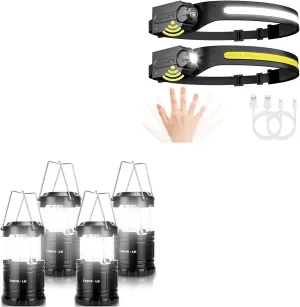 Lepro Bundle - LED Camping Lanterns Battery Powered, Collapsible, IPX4 Water Resistant, 4 Packs & PR320019-2 Super Bright Head lamp with Motion Sensor, 230° Wide Beam & Adjustable