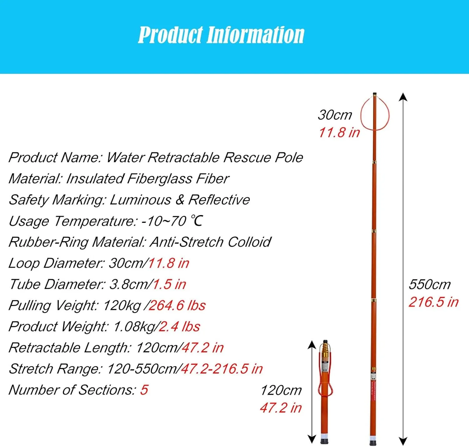 Lifesaving poleLifesaving Pole High Visibility Professional Rescue Life Pole, Pool Lifeguard Pole with Night Luminous & Reflective Design, Telescopic Rescue Bar for Beaches Yachts (Size : H