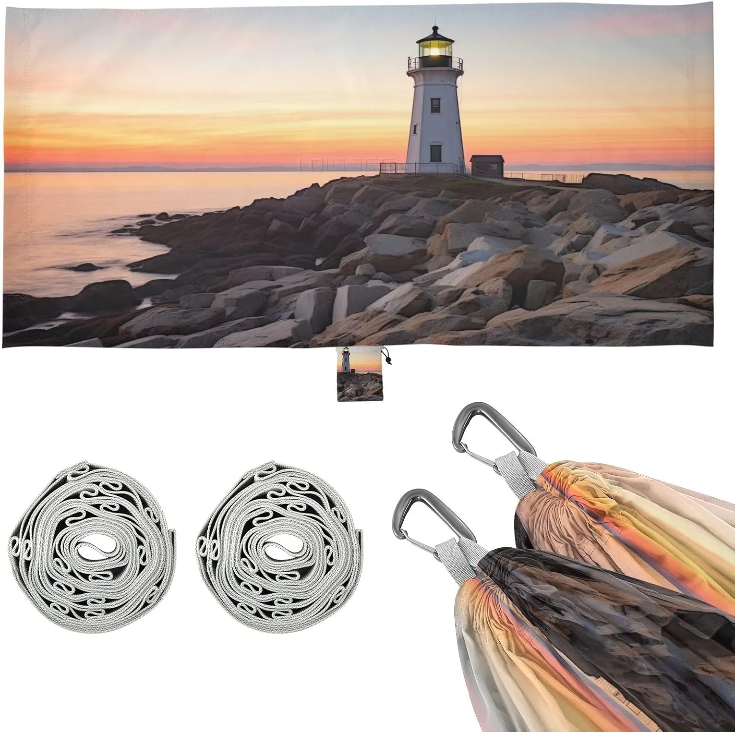 Lighthouse Pattern Camping Hammock, 330 lbs with 2 Tree Straps, Carry Bag, Single Portable Hammock for Outdoor/Indoor, Hiking, Beach, Backpacking, Travel