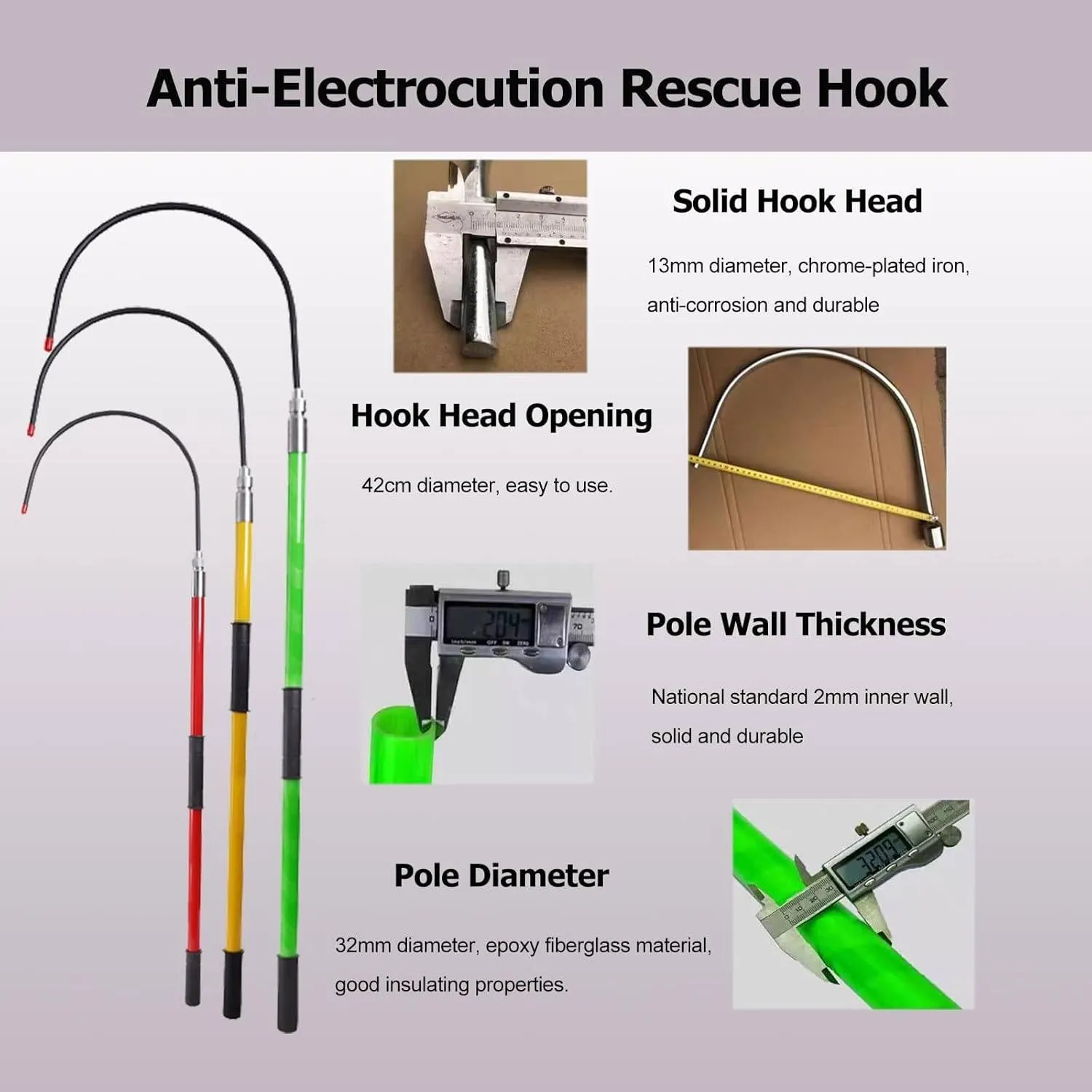 Lightweight High Voltage Insulated Rescue Pole, Rescue Hook Life-Saving Pull Rod, Anti Electric Shock Rescue Pole,Safety and Defense Tools for Emergency Care (Yellow 1.5m/4.9ft/59in)