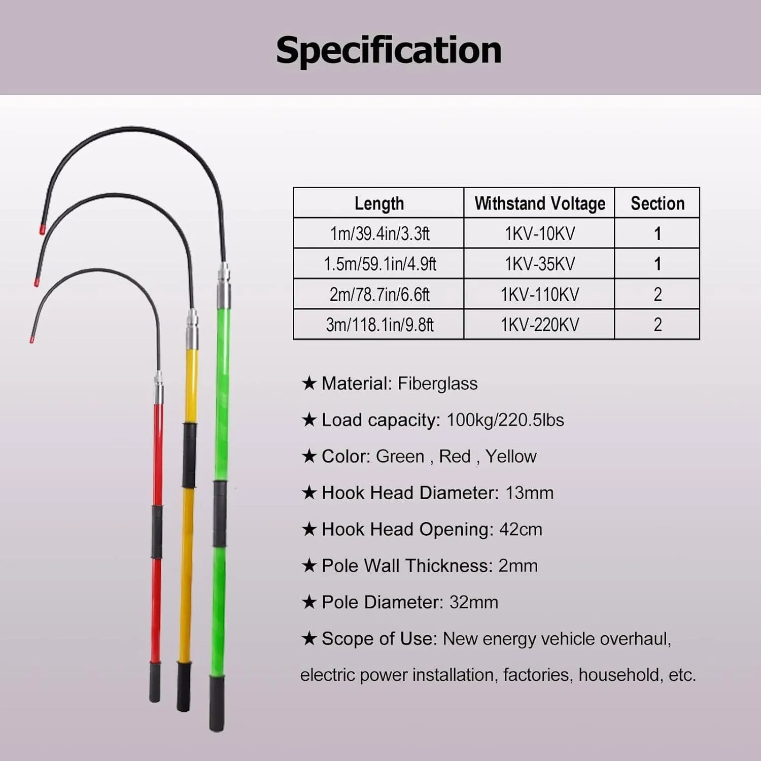 Lightweight High Voltage Insulated Rescue Pole, Rescue Hook Life-Saving Pull Rod, Anti Electric Shock Rescue Pole,Safety and Defense Tools for Emergency Care (Yellow 1.5m/4.9ft/59in)