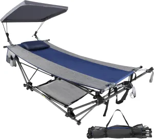 Lineslife Folding Hammock with Removable Canopy and Pillow, Freestanding Portable Hammock with Collapsible Stand for Outdoor Yard Beach Camping Patio