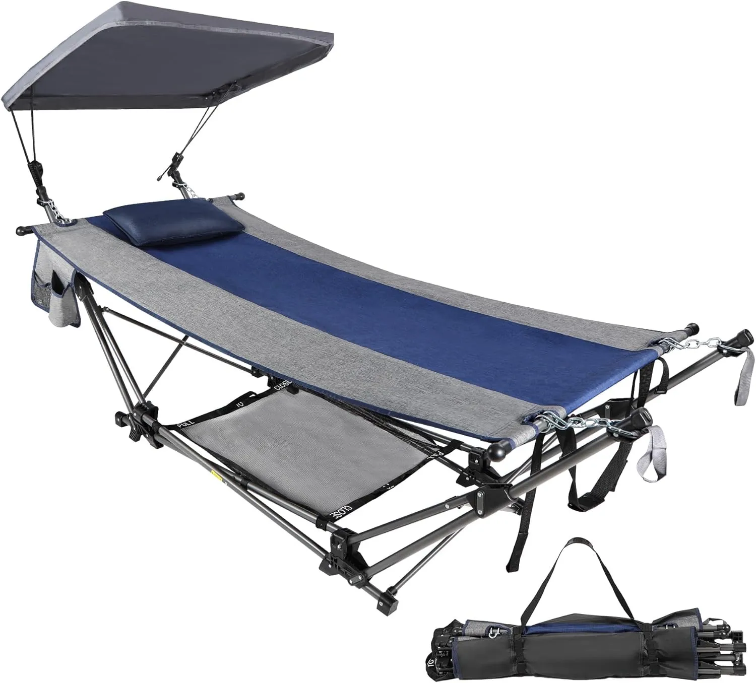 Lineslife Folding Hammock with Removable Canopy and Pillow, Freestanding Portable Hammock with Collapsible Stand for Outdoor Yard Beach Camping Patio