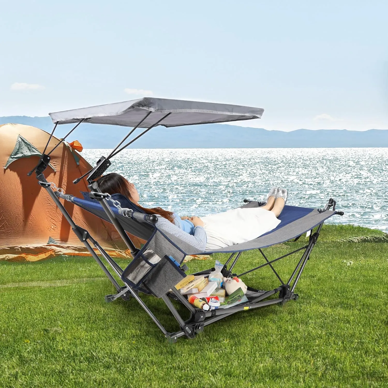 Lineslife Folding Hammock with Removable Canopy and Pillow, Freestanding Portable Hammock with Collapsible Stand for Outdoor Yard Beach Camping Patio