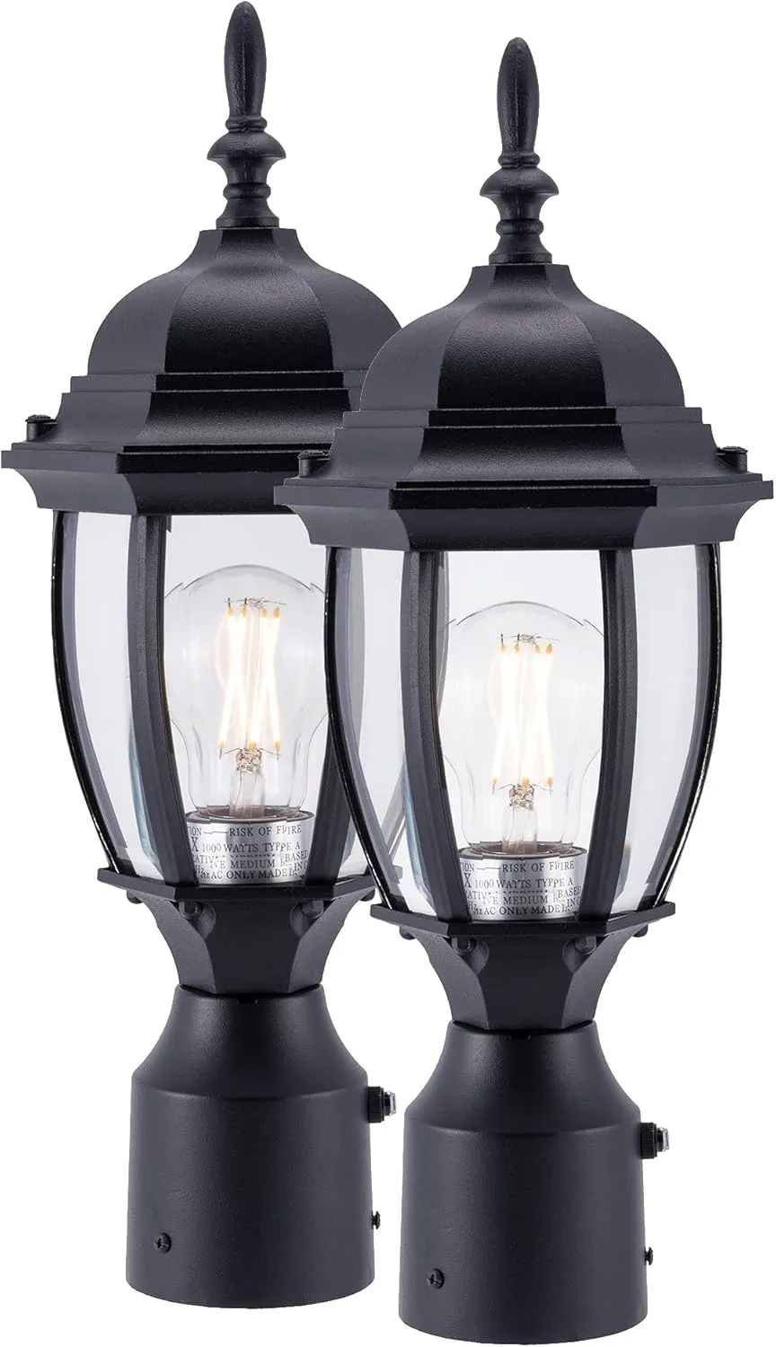 LIT-PaTH Dusk to Dawn Outdoor Post Lighting Fixture Pole Lantern, E26 Medium Base Max 60W, Aluminum Housing Plus Glass, Bulb Not Included (Black, 2-Pack)