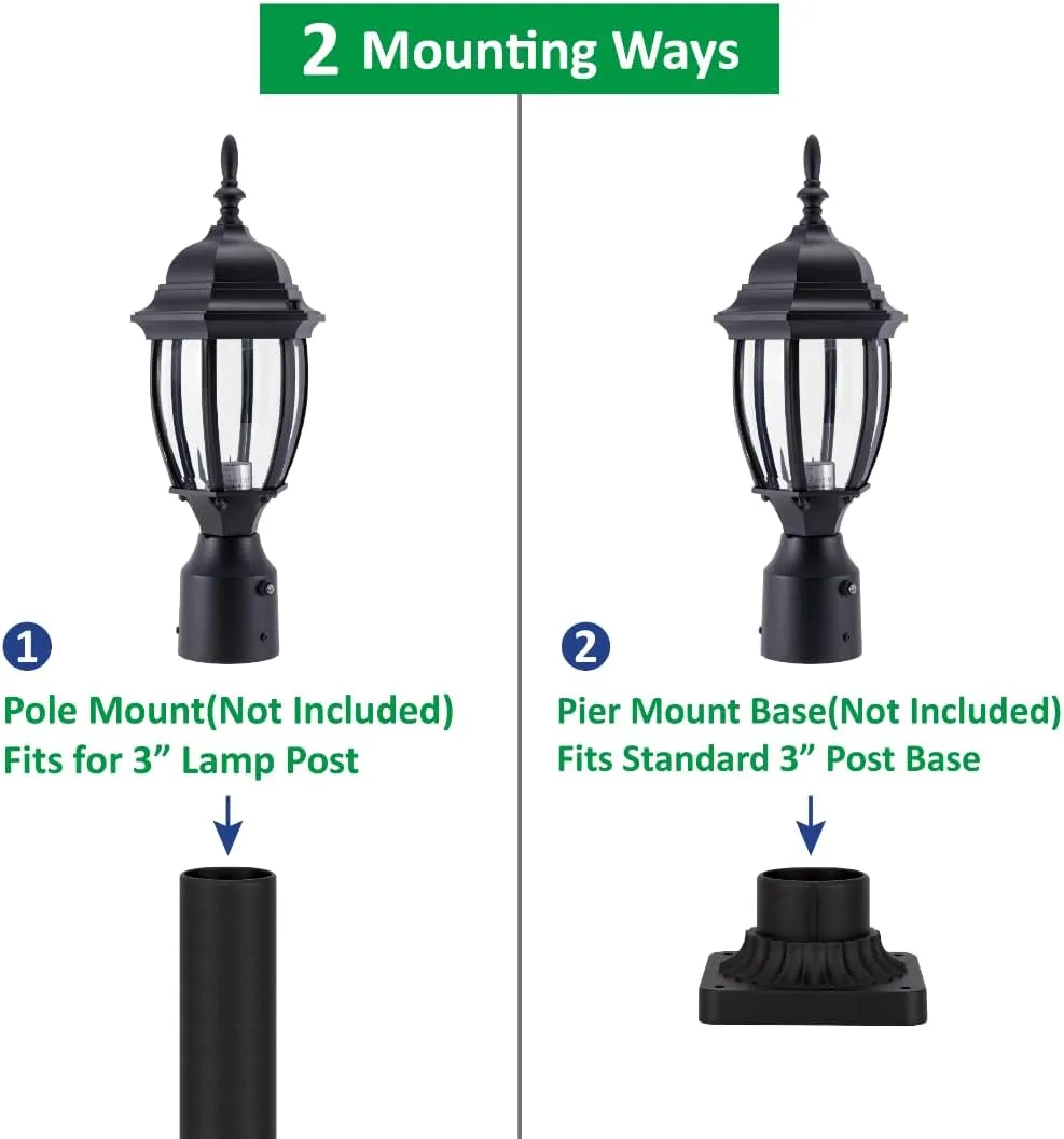 LIT-PaTH Dusk to Dawn Outdoor Post Lighting Fixture Pole Lantern, E26 Medium Base Max 60W, Aluminum Housing Plus Glass, Bulb Not Included (Black, 2-Pack)