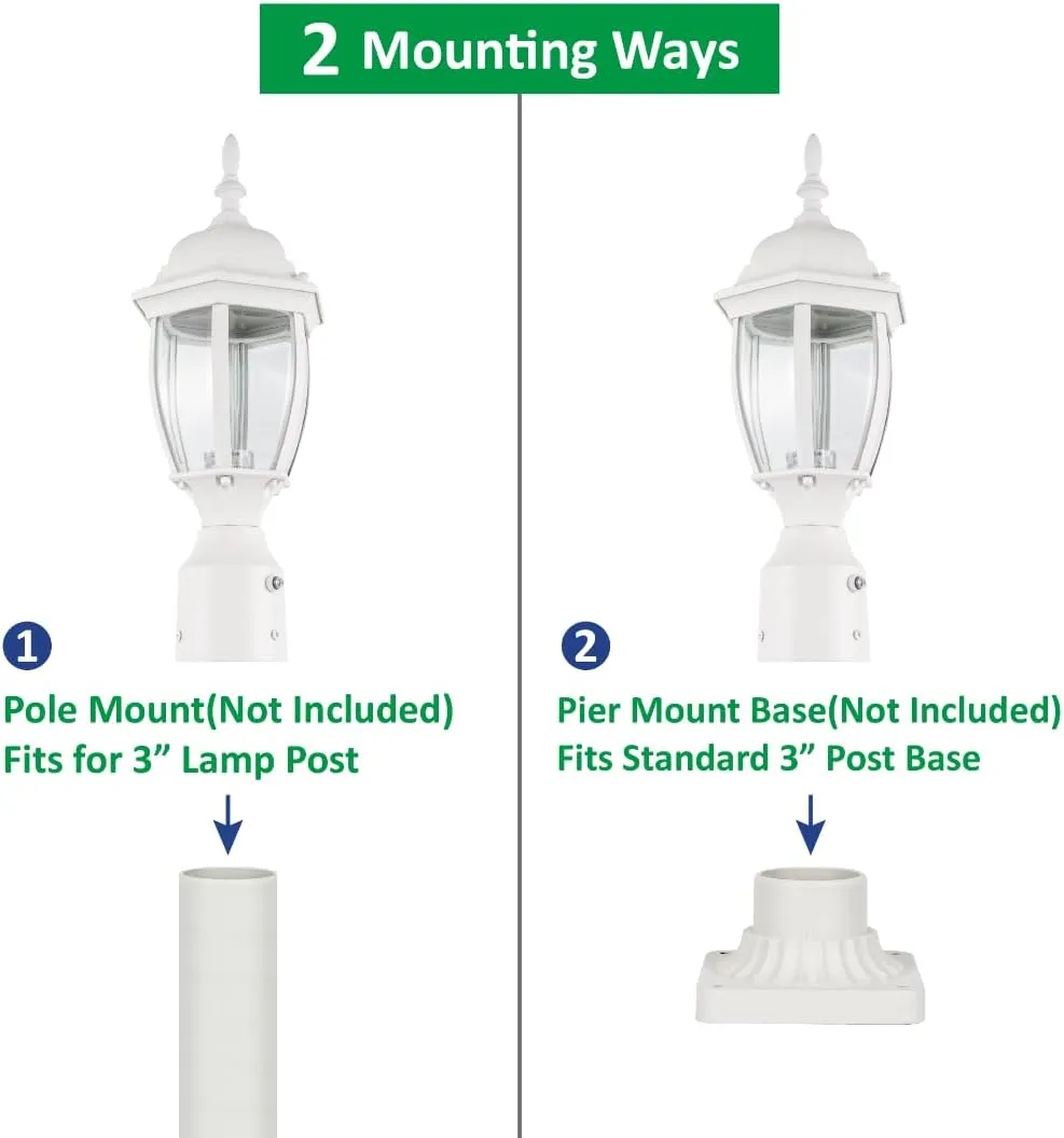 LIT-PaTH Dusk to Dawn Outdoor Post Lighting Fixture Pole Lantern, E26 Medium Base Max 60W, Aluminum Housing Plus Glass, Bulb Not Included (White, 2-Pack)