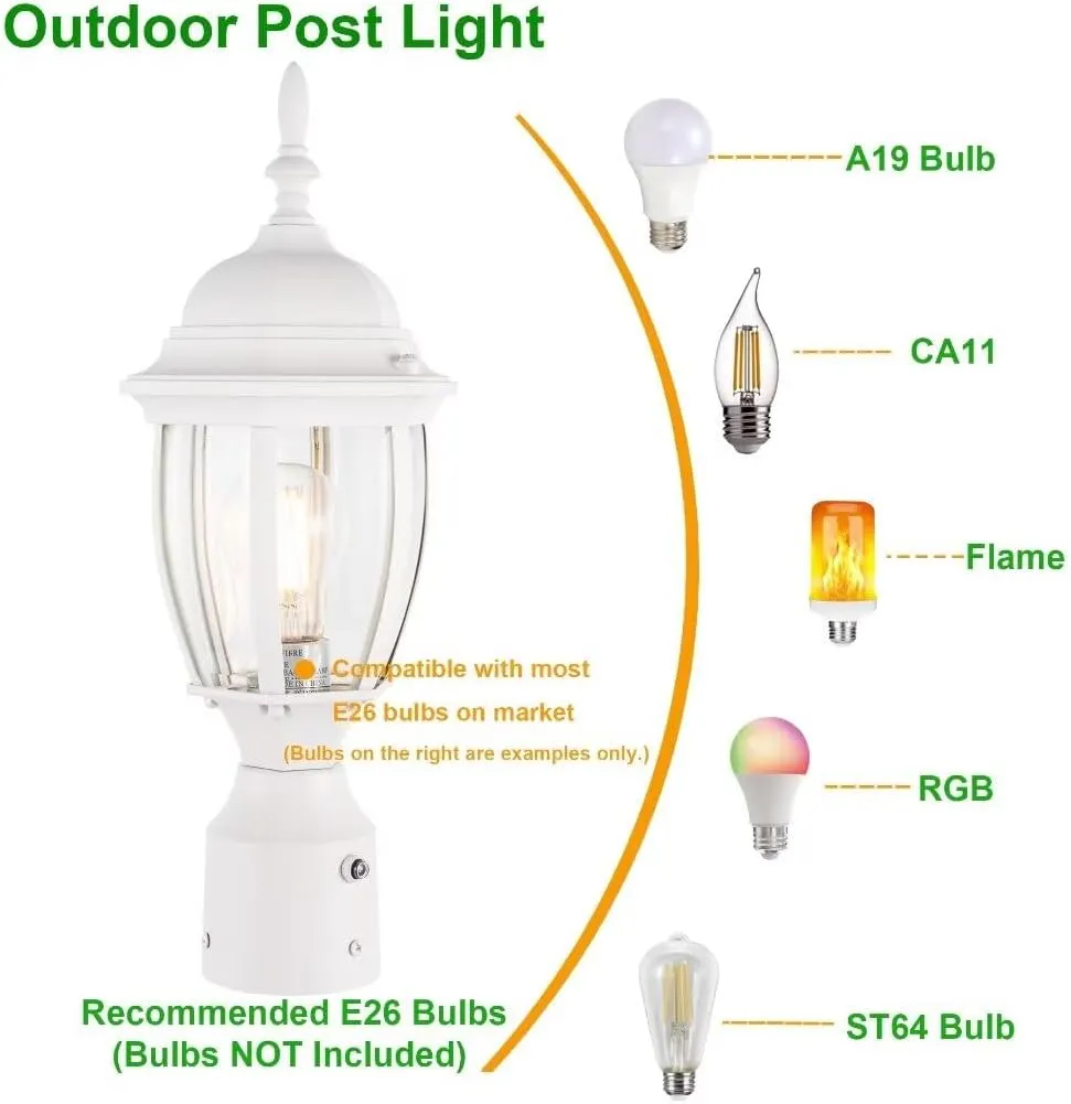 LIT-PaTH Dusk to Dawn Outdoor Post Lighting Fixture Pole Lantern, E26 Medium Base Max 60W, Aluminum Housing Plus Glass, Bulb Not Included (White, 2-Pack)