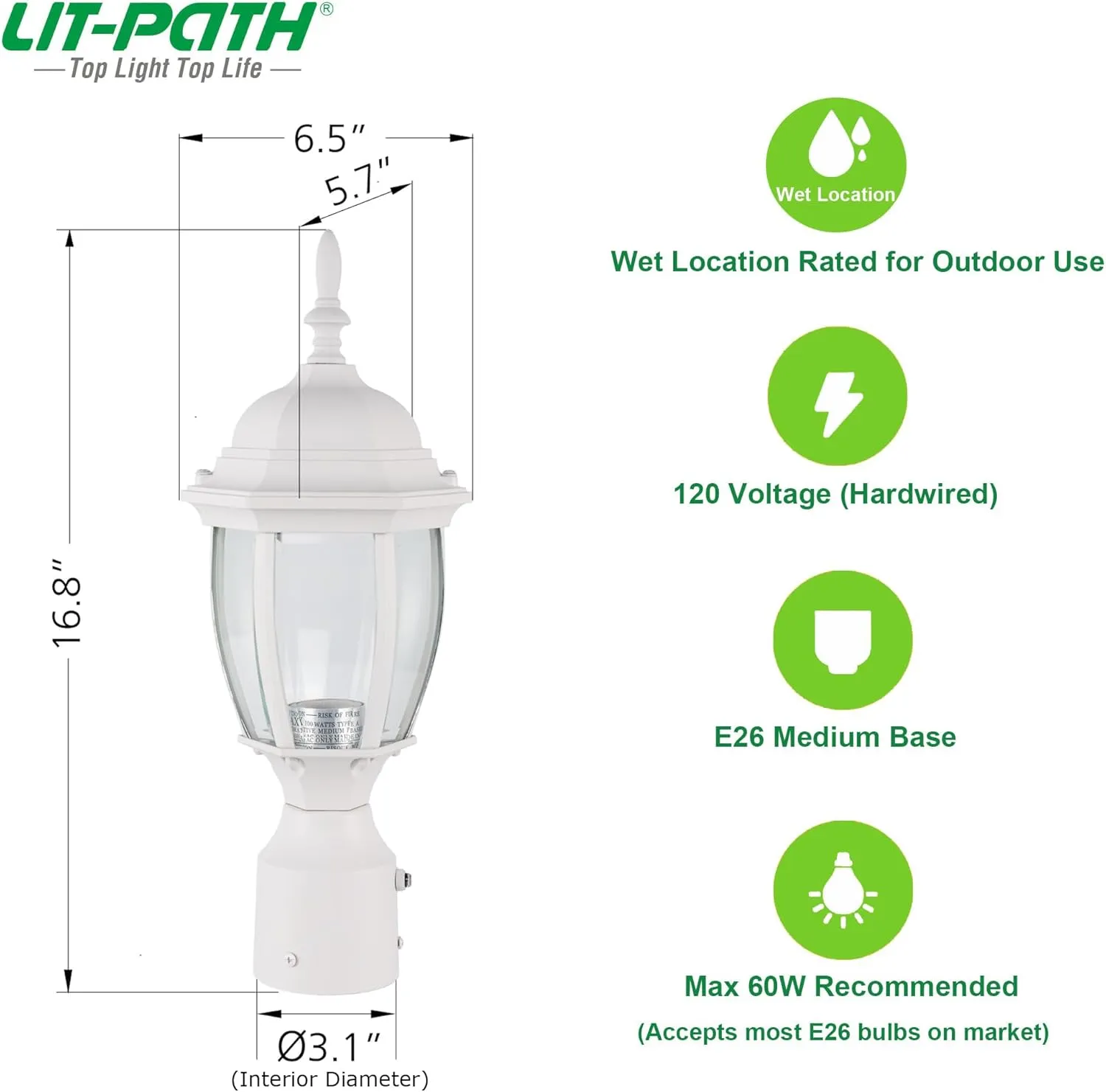 LIT-PaTH Dusk to Dawn Outdoor Post Lighting Fixture Pole Lantern, E26 Medium Base Max 60W, Aluminum Housing Plus Glass, Bulb Not Included (White, 2-Pack)