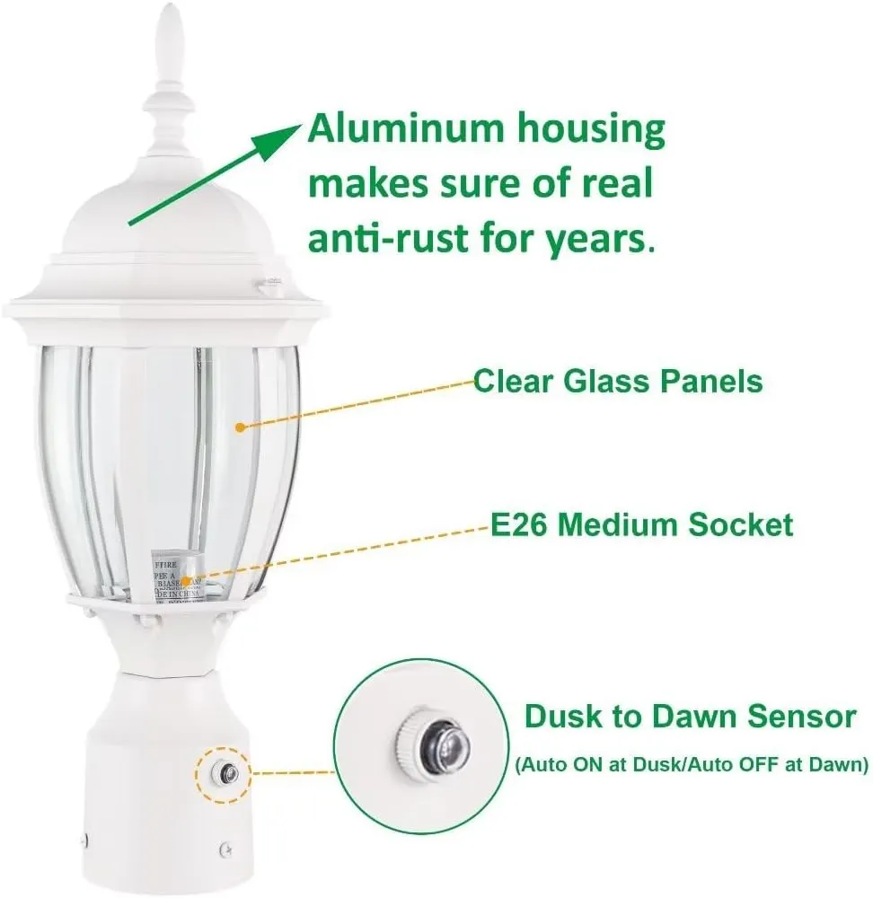 LIT-PaTH Dusk to Dawn Outdoor Post Lighting Fixture Pole Lantern, E26 Medium Base Max 60W, Aluminum Housing Plus Glass, Bulb Not Included (White, 2-Pack)