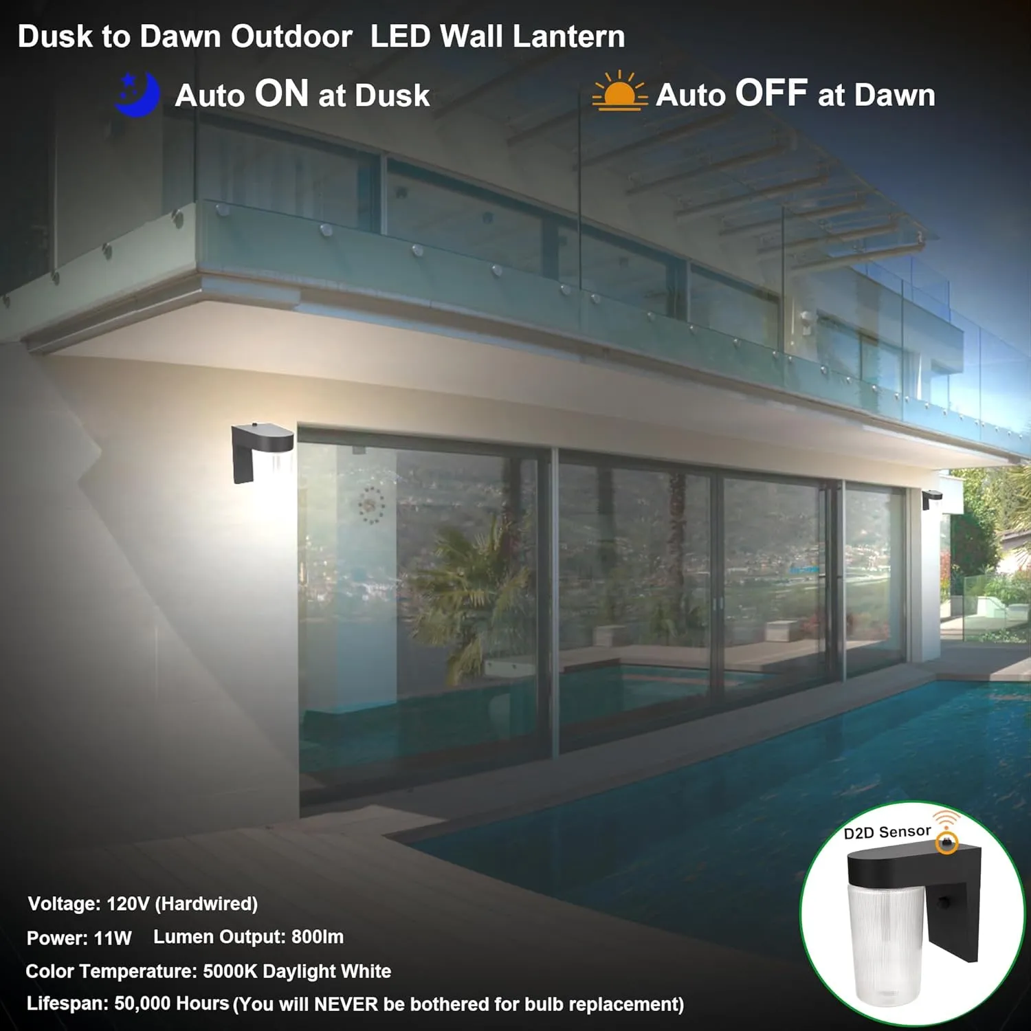 LIT-PaTH Dusk to Dawn Outdoor Wall Lantern, LED Jelly Jar Light, 11W 800 Lumens, 5000K Daylight White, Aluminum Housing Plus Clear Shade, Matte Black Finish, 1-Pack