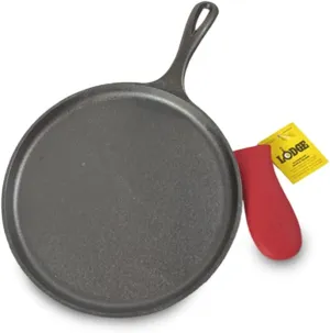 Lodge Cast Iron Round Griddle with Red Silicone Hot Handle Holder, 10.5-inch