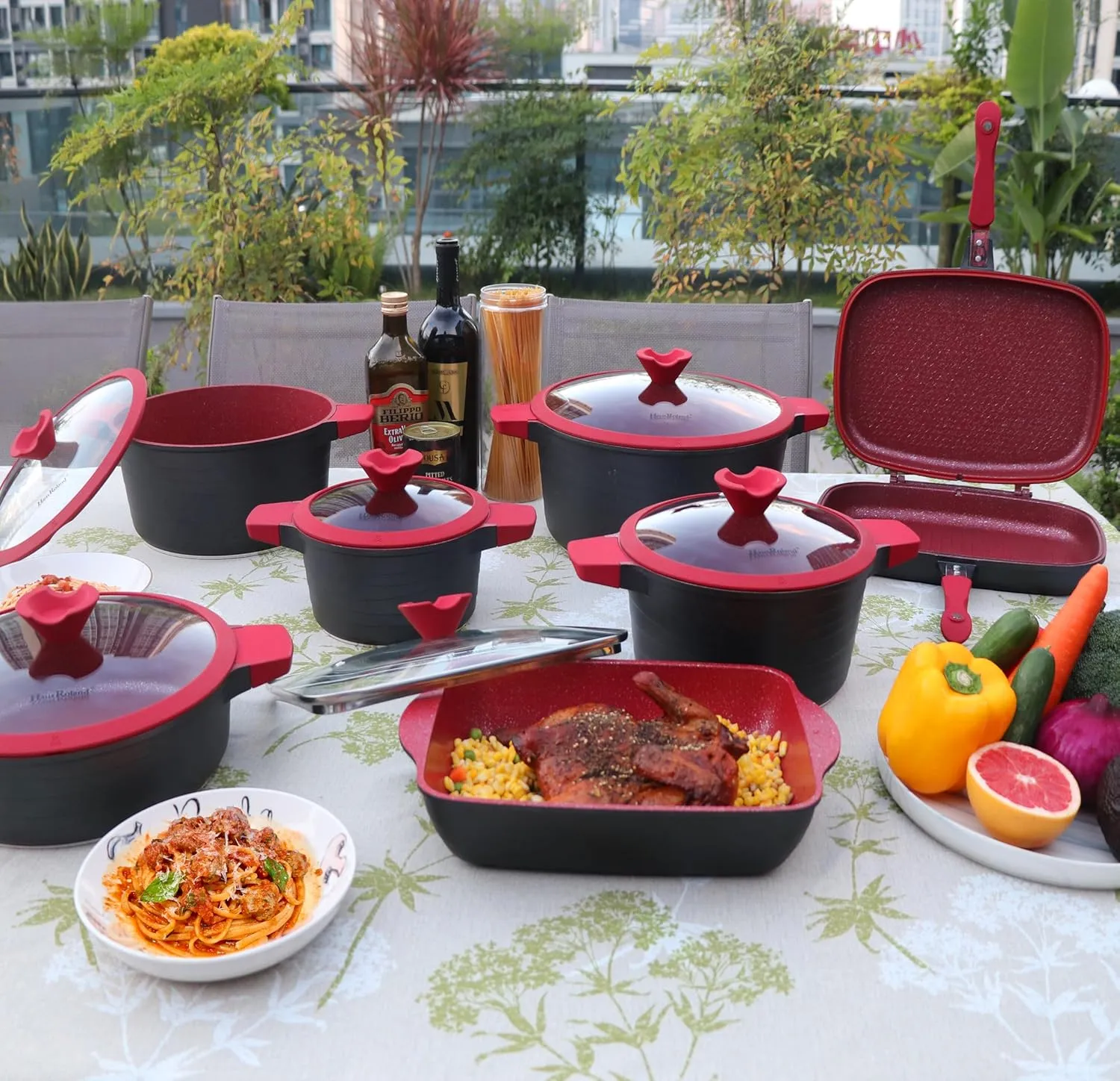 Lorren Home Trends Die-Cast Aluminum Cookware Set, 14 Piece, Non-Stick, Induction Compatible, Red
