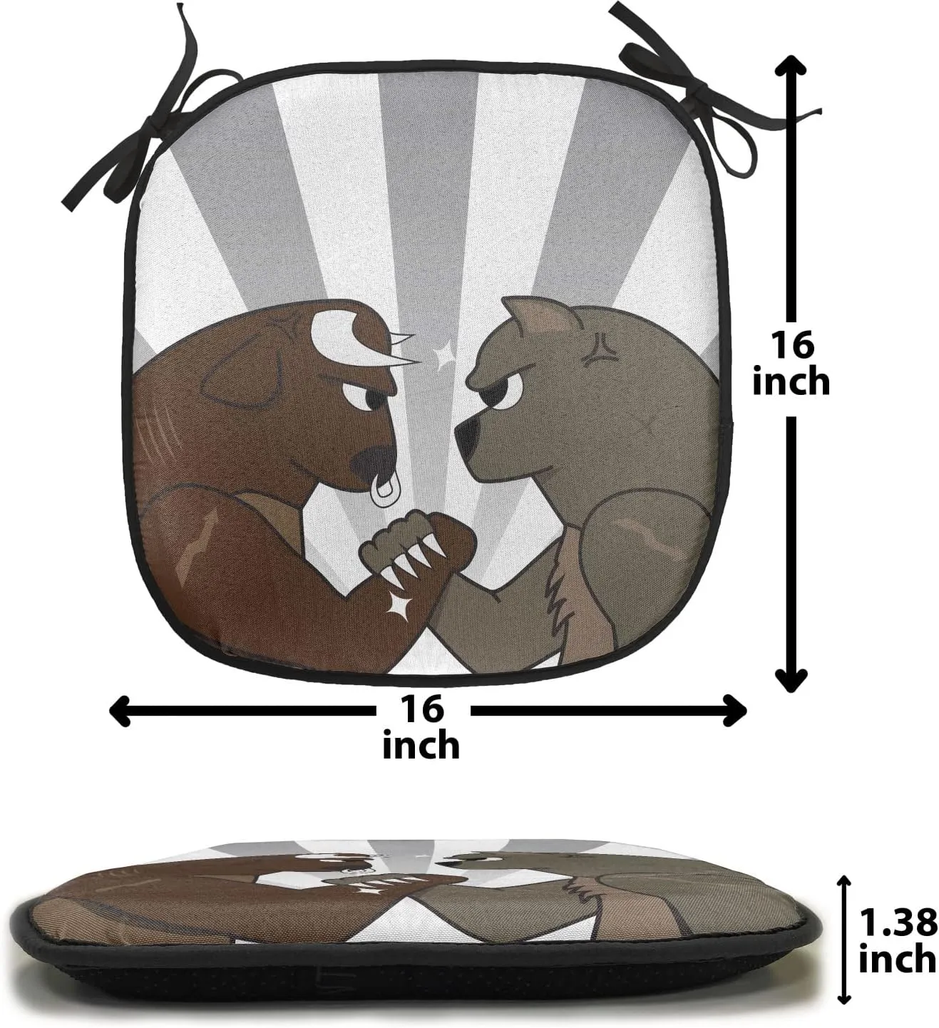 Lunarable Cartoon Chair Cushion Pad, Bull Bear Preparing to Fight Striped Background Wild Competition, Seat Padding for Kitchen & Patio with Anti-Slip Backing, 16"x16", Army Green Pale Grey