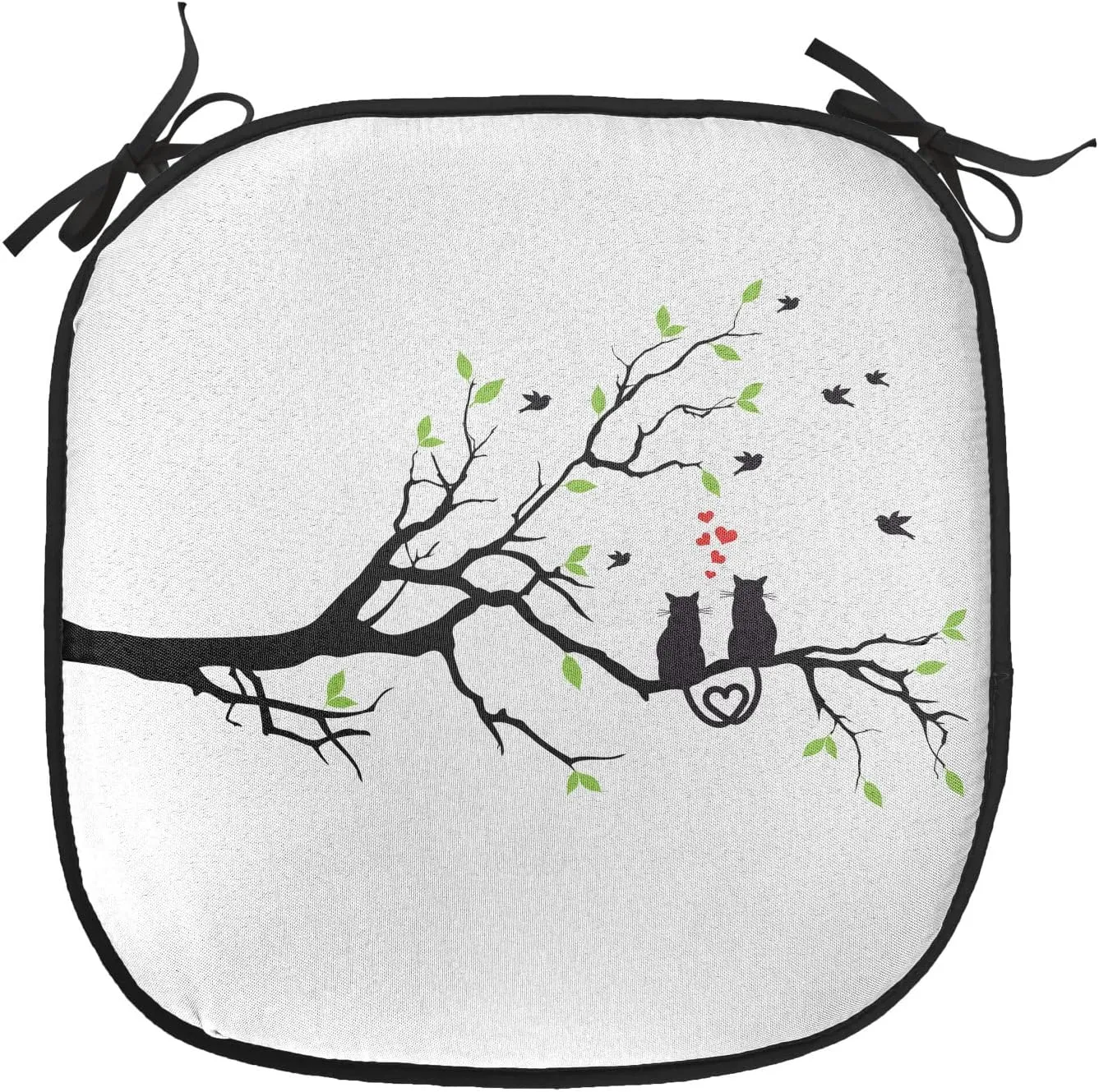 Lunarable Cat Lover Chair Cushion Pad, Animals in Love on Tree Branch Flying Birds Nature Romance Illustration, Seat Padding for Kitchen & Patio with Anti-Slip Backing, 16"x16", Black Lime Green