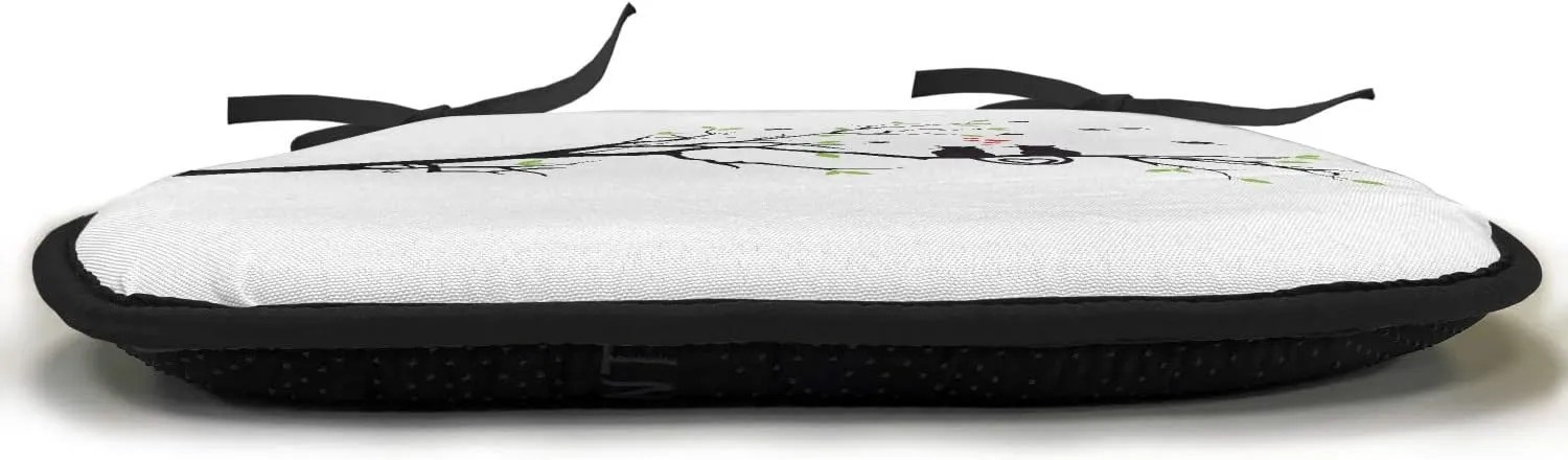 Lunarable Cat Lover Chair Cushion Pad, Animals in Love on Tree Branch Flying Birds Nature Romance Illustration, Seat Padding for Kitchen & Patio with Anti-Slip Backing, 16"x16", Black Lime Green