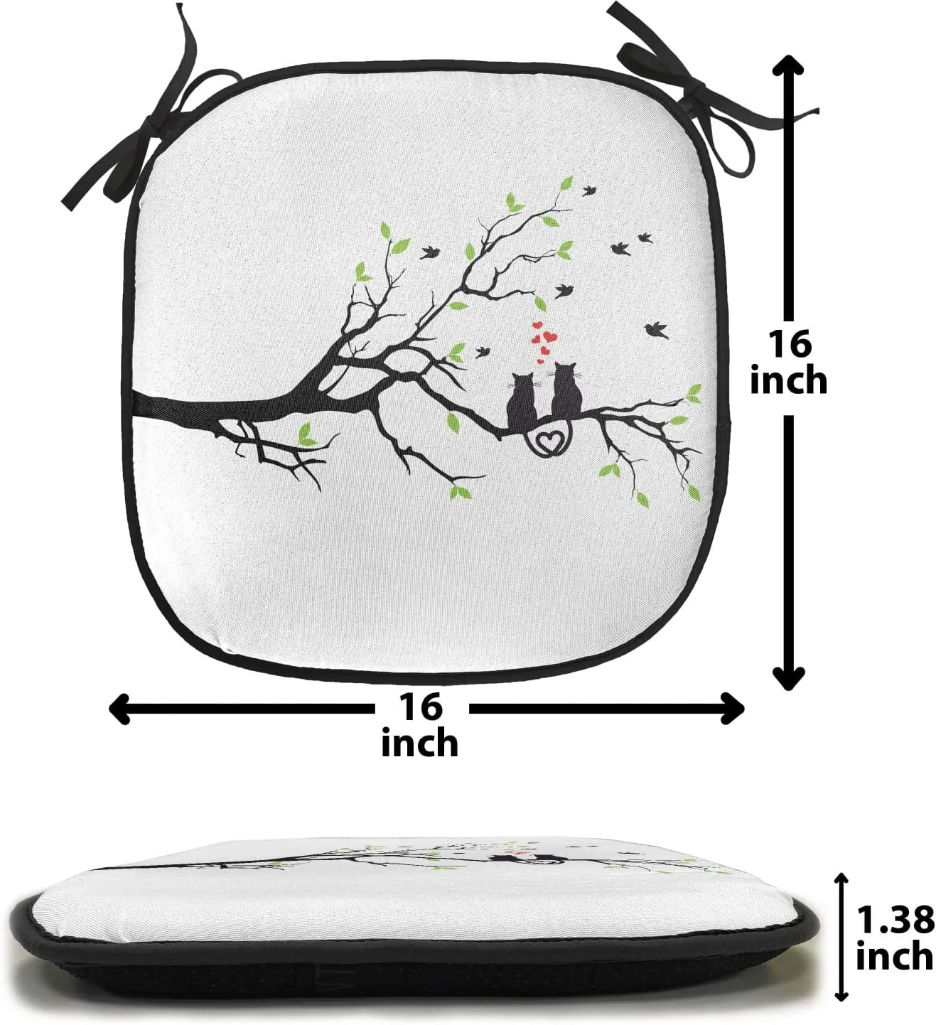Lunarable Cat Lover Chair Cushion Pad, Animals in Love on Tree Branch Flying Birds Nature Romance Illustration, Seat Padding for Kitchen & Patio with Anti-Slip Backing, 16"x16", Black Lime Green