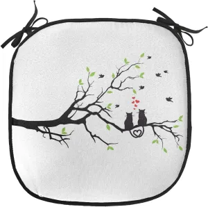 Lunarable Cat Lover Chair Cushion Pad, Animals in Love on Tree Branch Flying Birds Nature Romance Illustration, Seat Padding for Kitchen & Patio with Anti-Slip Backing, 16"x16", Black Lime Green