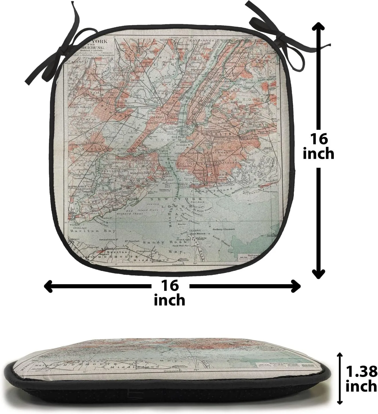 Lunarable NYC Chair Cushion Pad, New York Old Map from End of 19th Century History Historical Antiques, Seat Padding for Kitchen & Patio with Anti-Slip Backing, 16"x16", Beige Turquoise Coral
