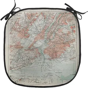 Lunarable NYC Chair Cushion Pad, New York Old Map from End of 19th Century History Historical Antiques, Seat Padding for Kitchen & Patio with Anti-Slip Backing, 16"x16", Beige Turquoise Coral