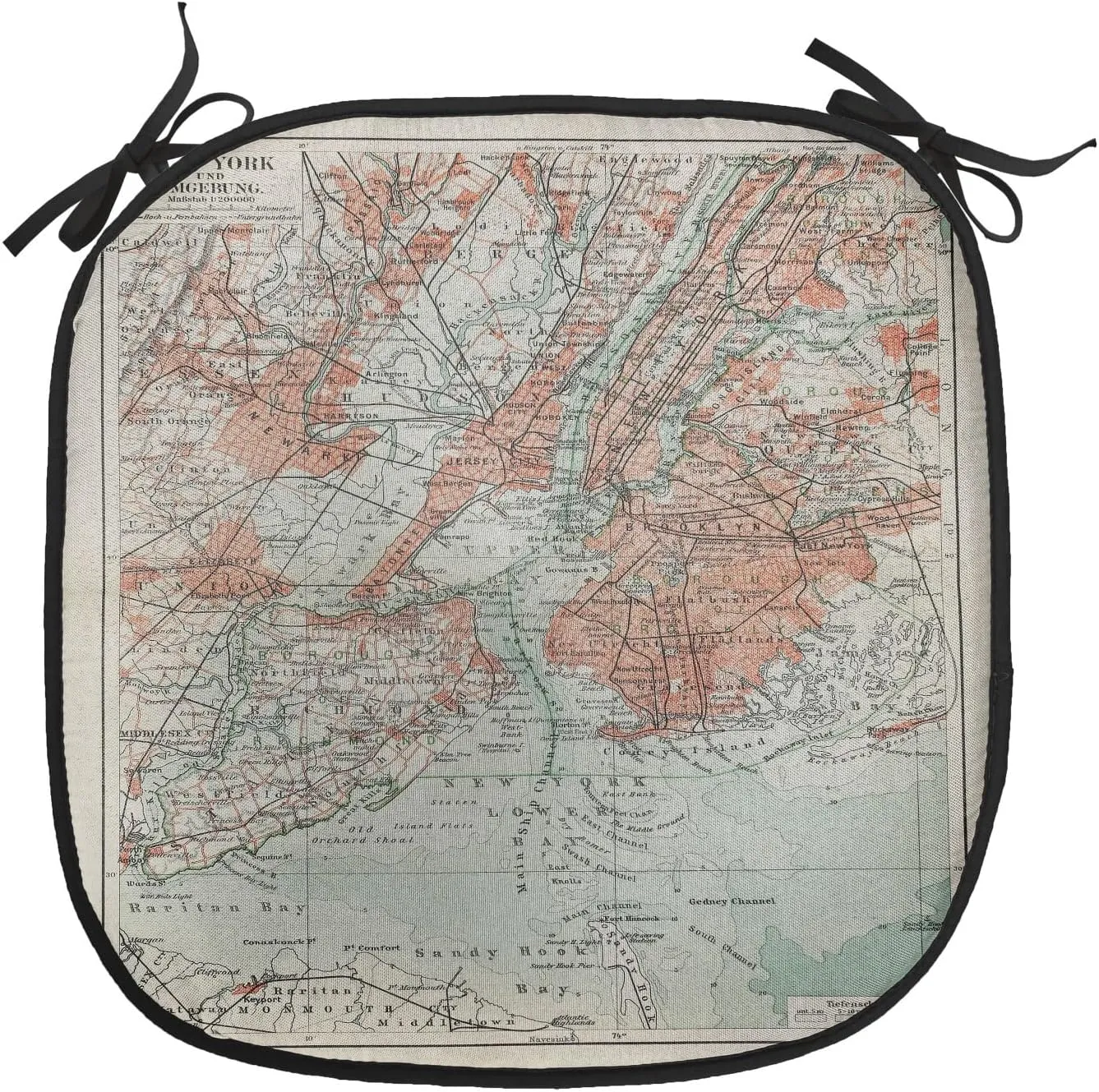 Lunarable NYC Chair Cushion Pad, New York Old Map from End of 19th Century History Historical Antiques, Seat Padding for Kitchen & Patio with Anti-Slip Backing, 16"x16", Beige Turquoise Coral