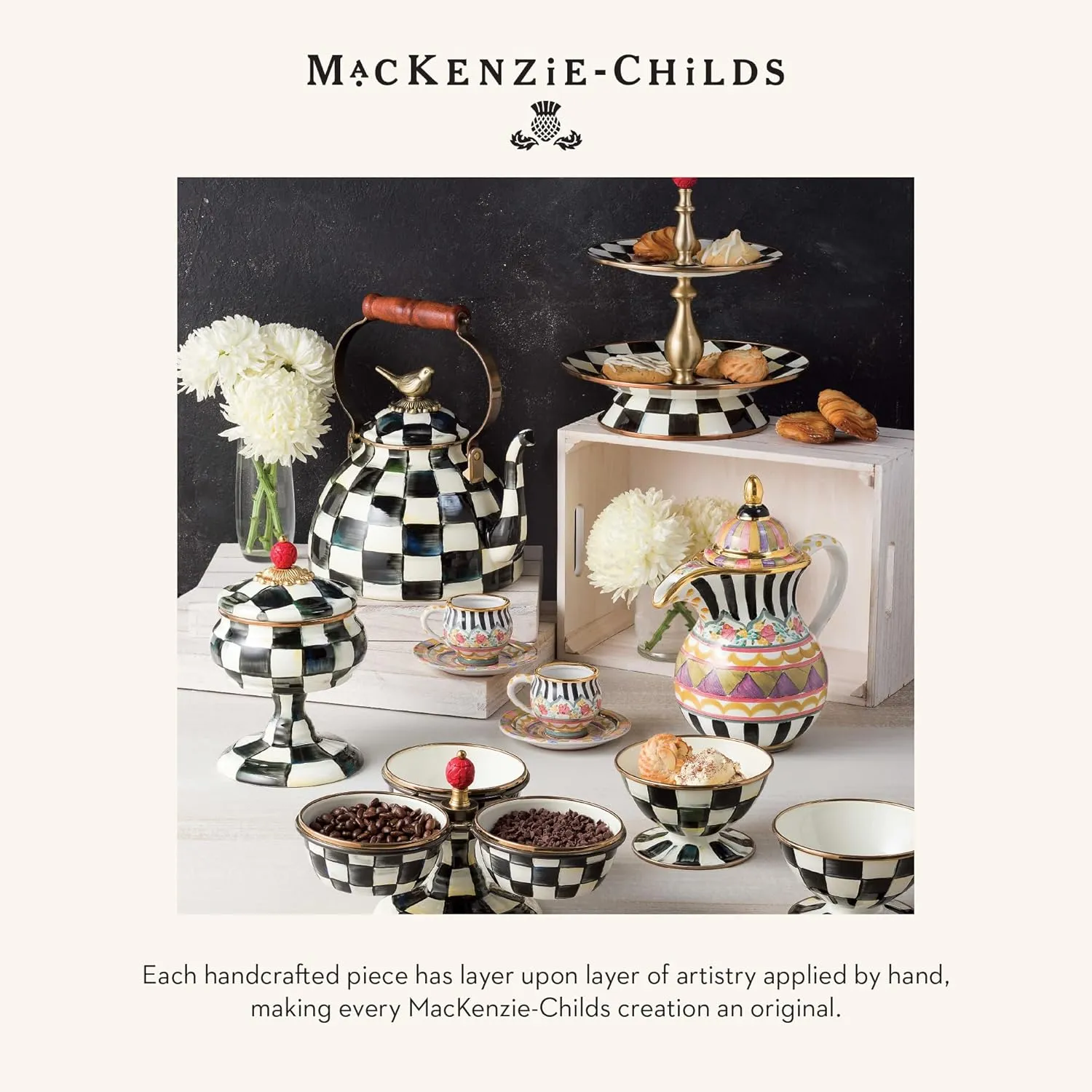 MACKENZIE-CHILDS Enamel Colander, Decorative Kitchen Strainer, Small, Black-and-White Courtly Check