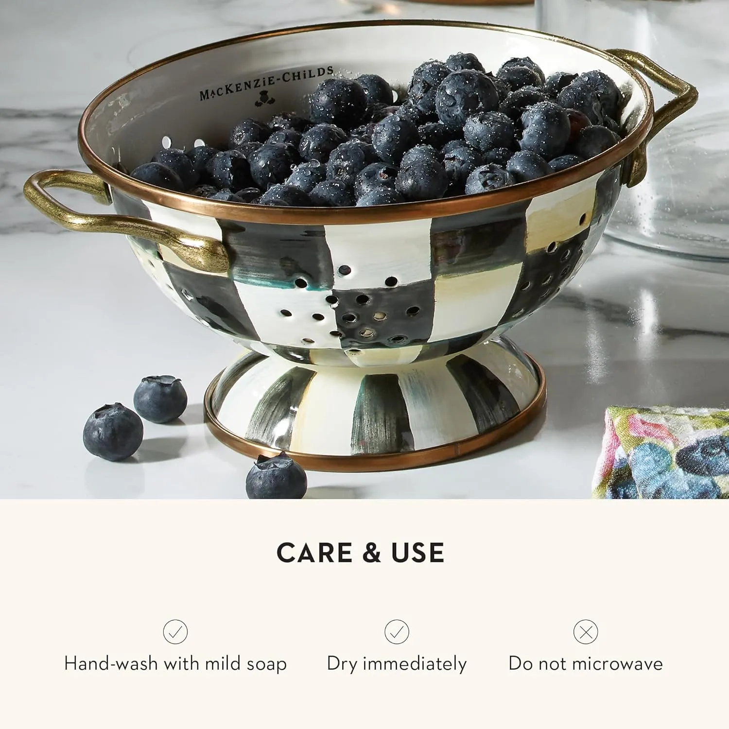 MACKENZIE-CHILDS Enamel Colander, Decorative Kitchen Strainer, Small, Black-and-White Courtly Check