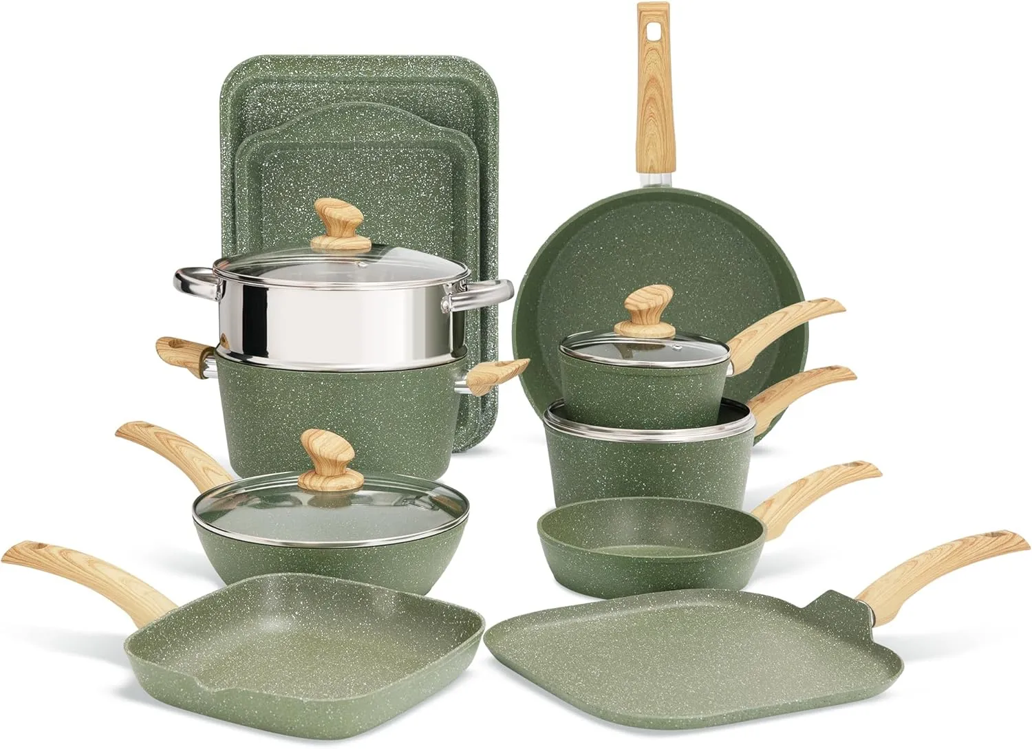 MAISON ARTS 17 Piece Pots and Pans Set Non Stick, Kitchen Cookware Sets with Nonstick Granite Stone Coating, Suitable for Induction Cooktops, Green