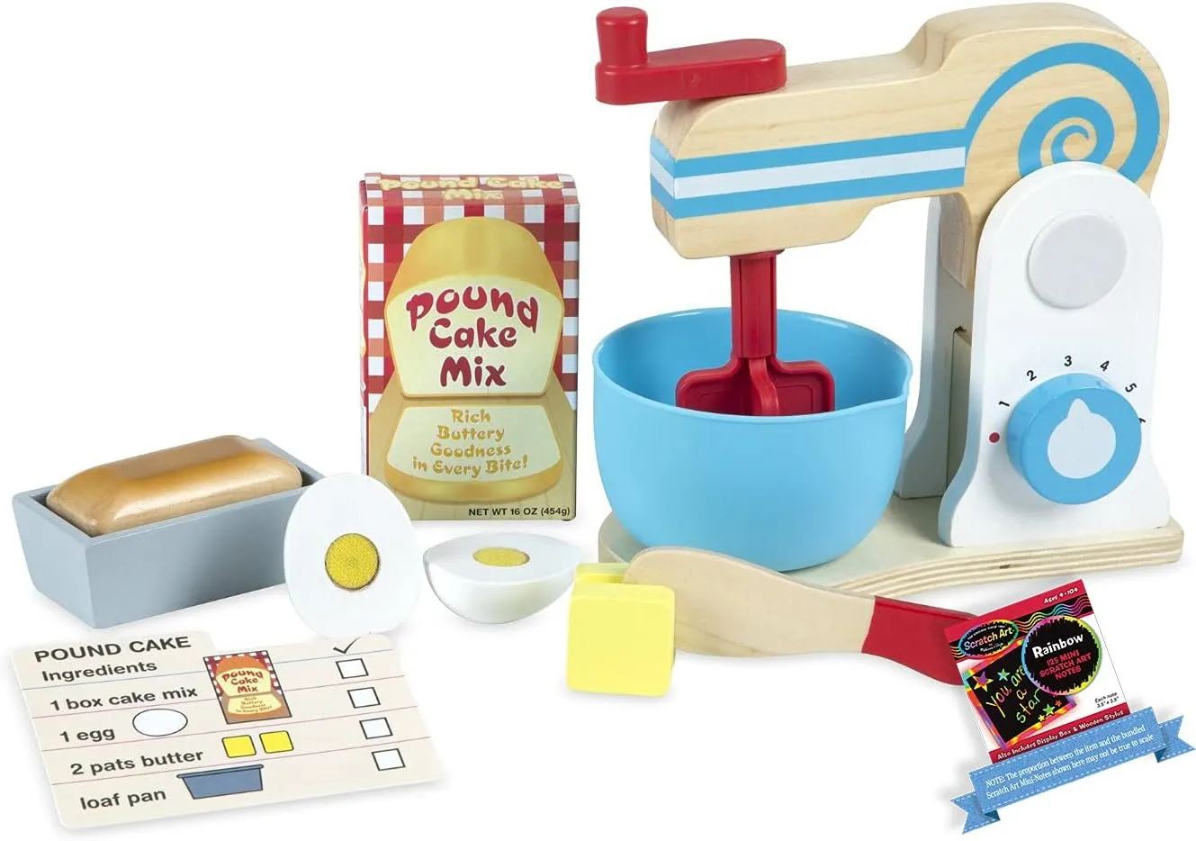 Make-A-Cake Mixer Set: Wooden Play Food Set Bundle with 1 Theme Compatible M&D Scratch A r t Mini-Pad (09840)