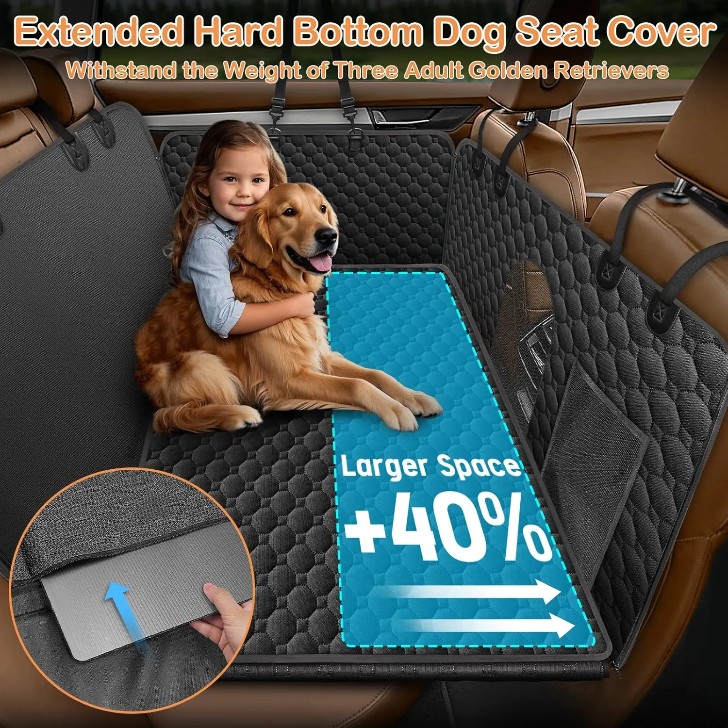Mancro Back Seat Extender for Dogs with Detachable Mat,Hard Bottom Car Seat Cover for Dogs Supports 400lbs,Waterproof Dog Car Seat Cover for Back Seat,600D Scratch-Proof Dog Hammock for Car,All Black
