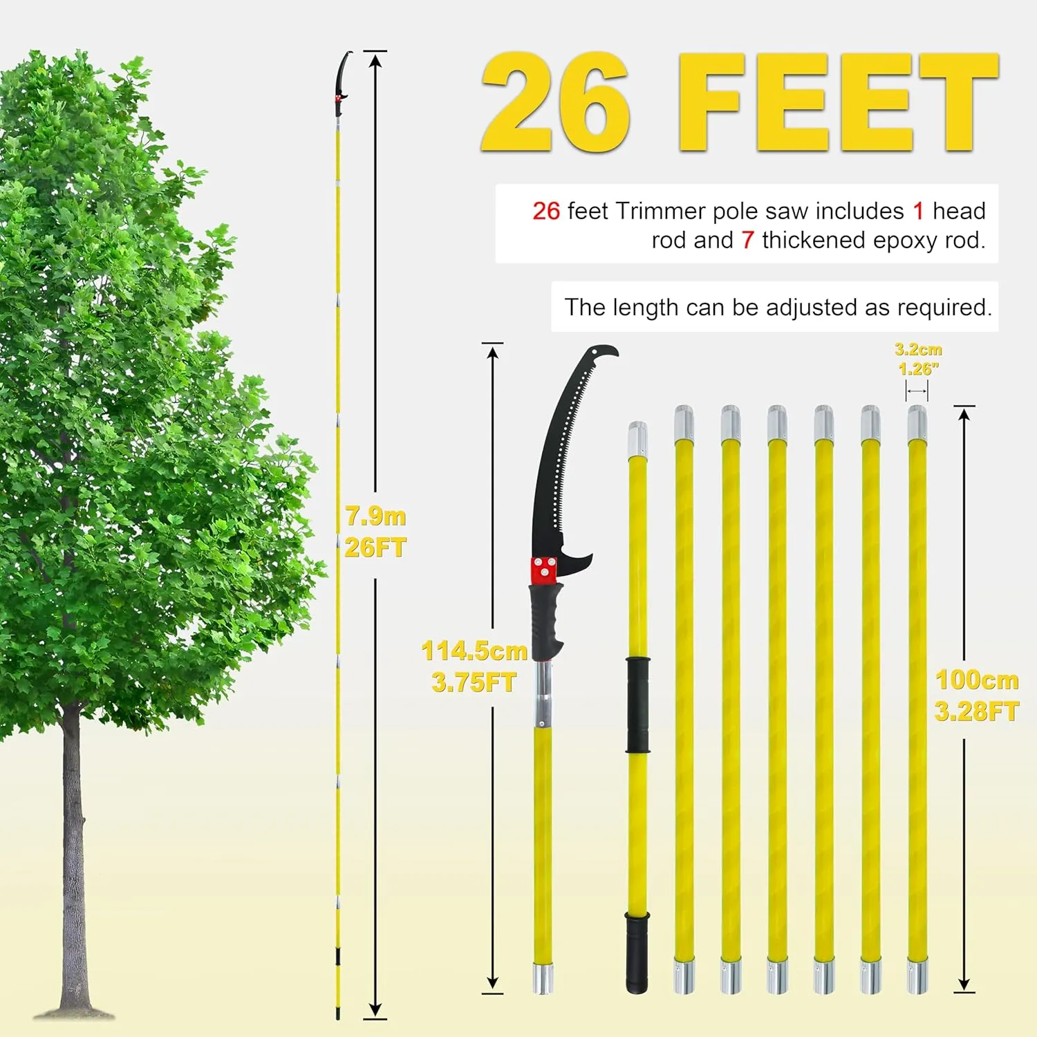 Manual Pole Saw,Pole Saws For Tree Trimming, Pole Pruning Saw, Extended Multi-Stage Pole Saw, Gardening Tools Pruner Hand Pole Saw For Yard (Yellow 26FT)