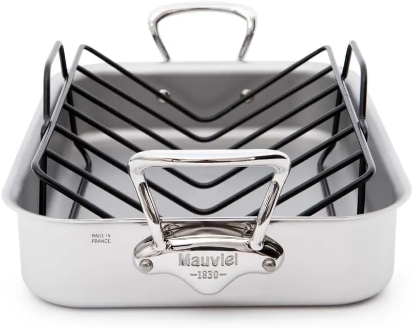 Mauviel M'Cook 5-Ply Polished Stainless Steel Roasting Pan With Rack, And Cast Stainless Steel Handles, 13.7 x 9.8-In, Made In France