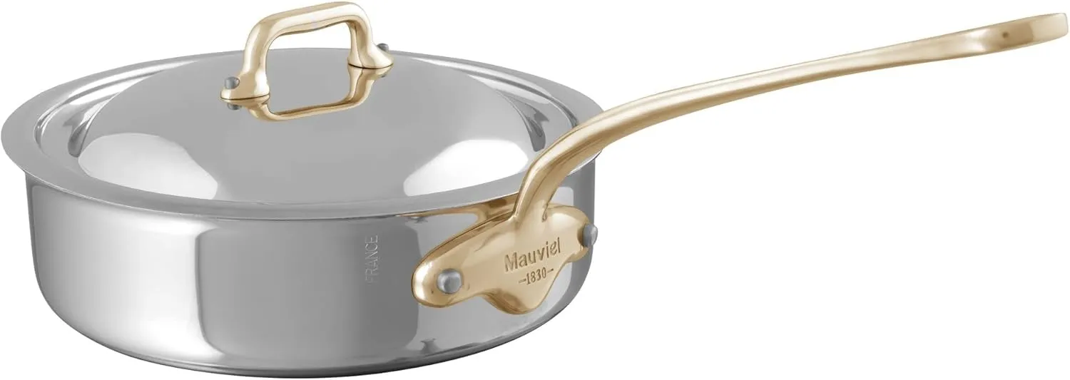 Mauviel M'Cook B 5-Ply Polished Stainless Steel Saute Pan With Lid, And Brass Handle, 3.2-qt, Made In France
