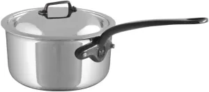 Mauviel M'Cook CI 5-Ply Polished Stainless Steel Sauce Pan With Lid, And Cast Iron Handles, 2.6-qt, Made In France