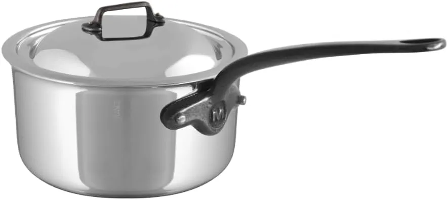 Mauviel M'Cook CI 5-Ply Polished Stainless Steel Sauce Pan With Lid, And Cast Iron Handles, 2.6-qt, Made In France