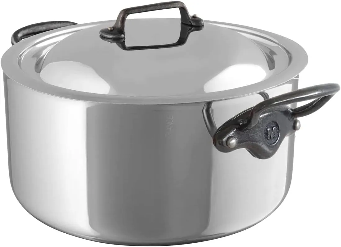 Mauviel M'Cook CI 5-Ply Polished Stainless Steel Stewpan With Lid, And Cast Iron Handles, 6.2-qt, Made In France
