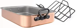 Mauviel M'Heritage M200CI 2mm Polished Copper & Stainless Steel Rectangular Roasting Pan With Rack, Cast Iron Handles, 15.7 x 11.8-in, Made in France