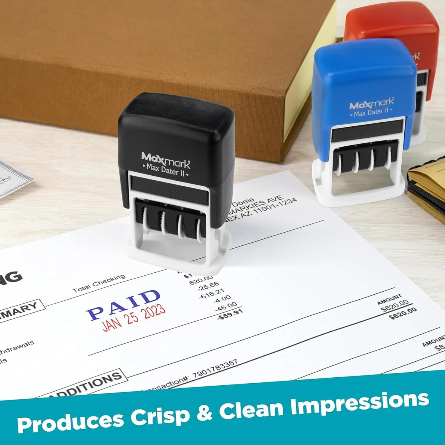 MaxMark Self-Inking Rubber Date Office Stamp with Paid Phrase & Date - RED Ink (Max Dater II), 12-Year Band