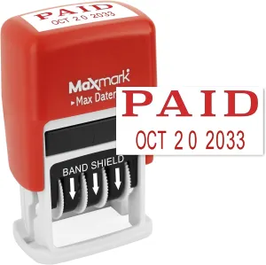 MaxMark Self-Inking Rubber Date Office Stamp with Paid Phrase & Date - RED Ink (Max Dater II), 12-Year Band
