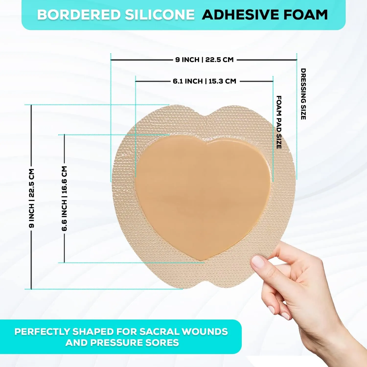 MedVance TM Silicone - Sacral Bordered Silicone Adhesive Foam Wound Dressing, Bed Sore Treatment Bandage for Sacrum, Size 9"x 9" (6.1" Pad x 6.6" Pad), Box of 5 dressings
