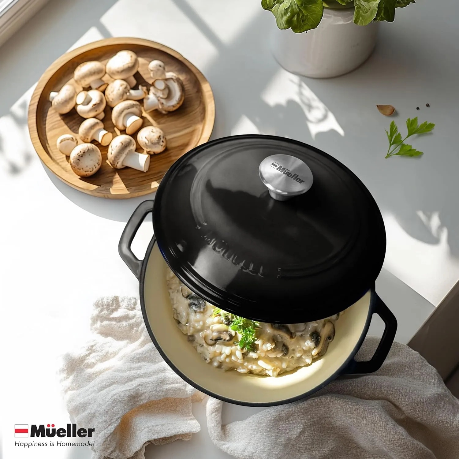 MÜELLERHOME 6 Quart Enameled Cast Iron Pot Dutch Oven, Heavy-Duty Oven-Safe up to 500° F, & Across All Cooktops, Casserole Dishes for Ovens, Bread Pan with Lid and Knob, Cast Iron Cookware, Black
