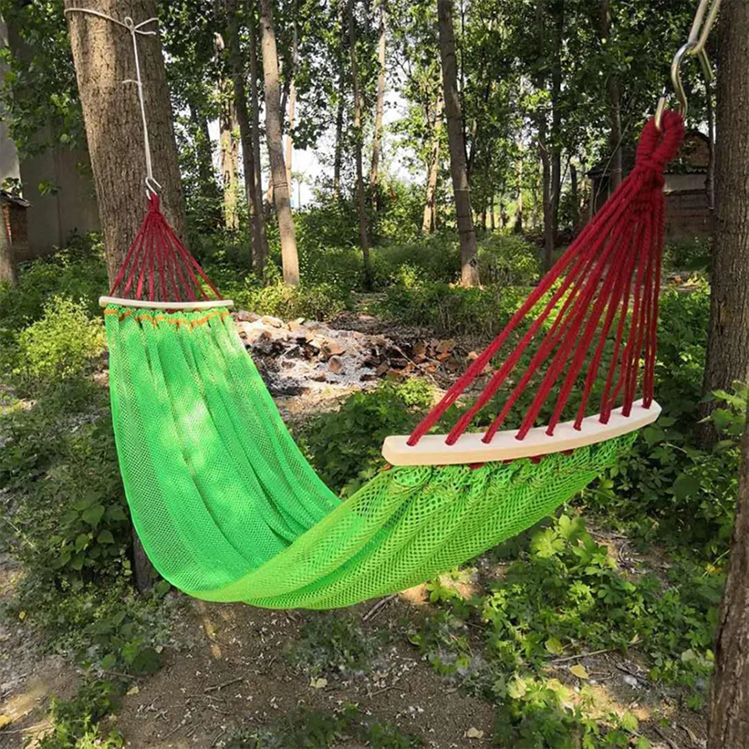 Mesh Hammock, Outdoor Camping Backpacking Rope Double Hammock, Patio Garden Balcony Porch Backyard Indoor Ice Mesh (Green, B)